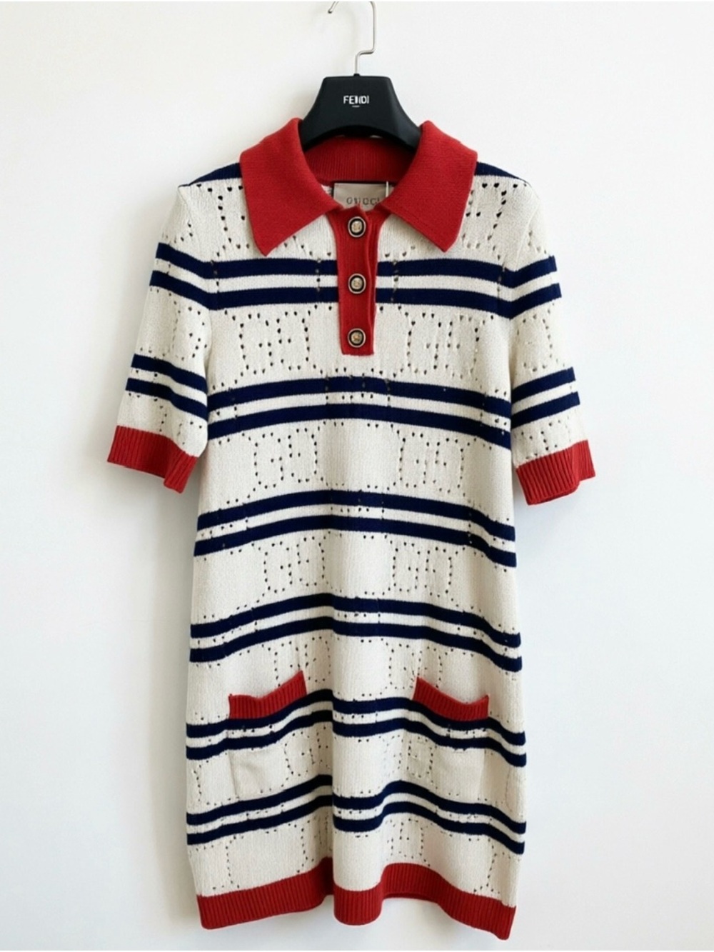 Gucci Navy and Red Striped Knit Polo Dress